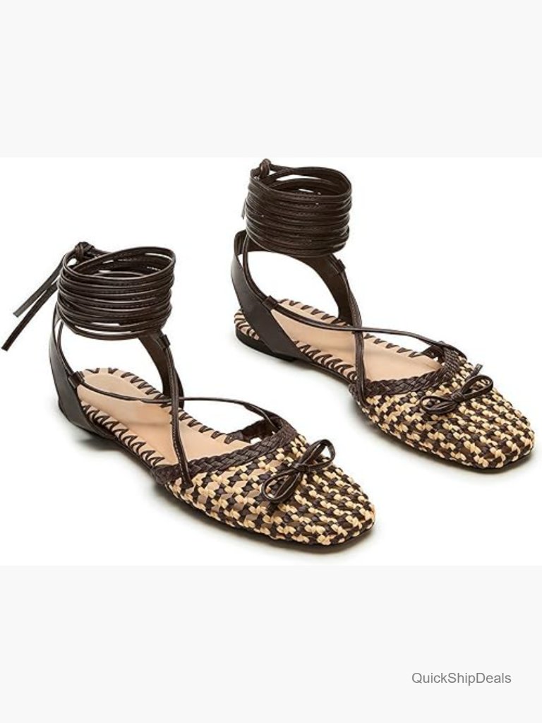 Raffia Lace-Up Ballet Flats, Square Toe Summer Sandals